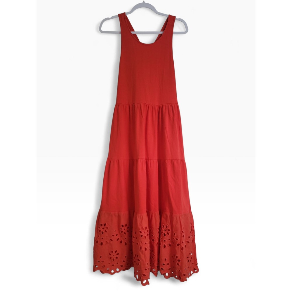 J.Crew 100% Cotton Orange Tiered Eyelet Cross Back Midi Dress Sleeveless Small - Picture 2 of 10